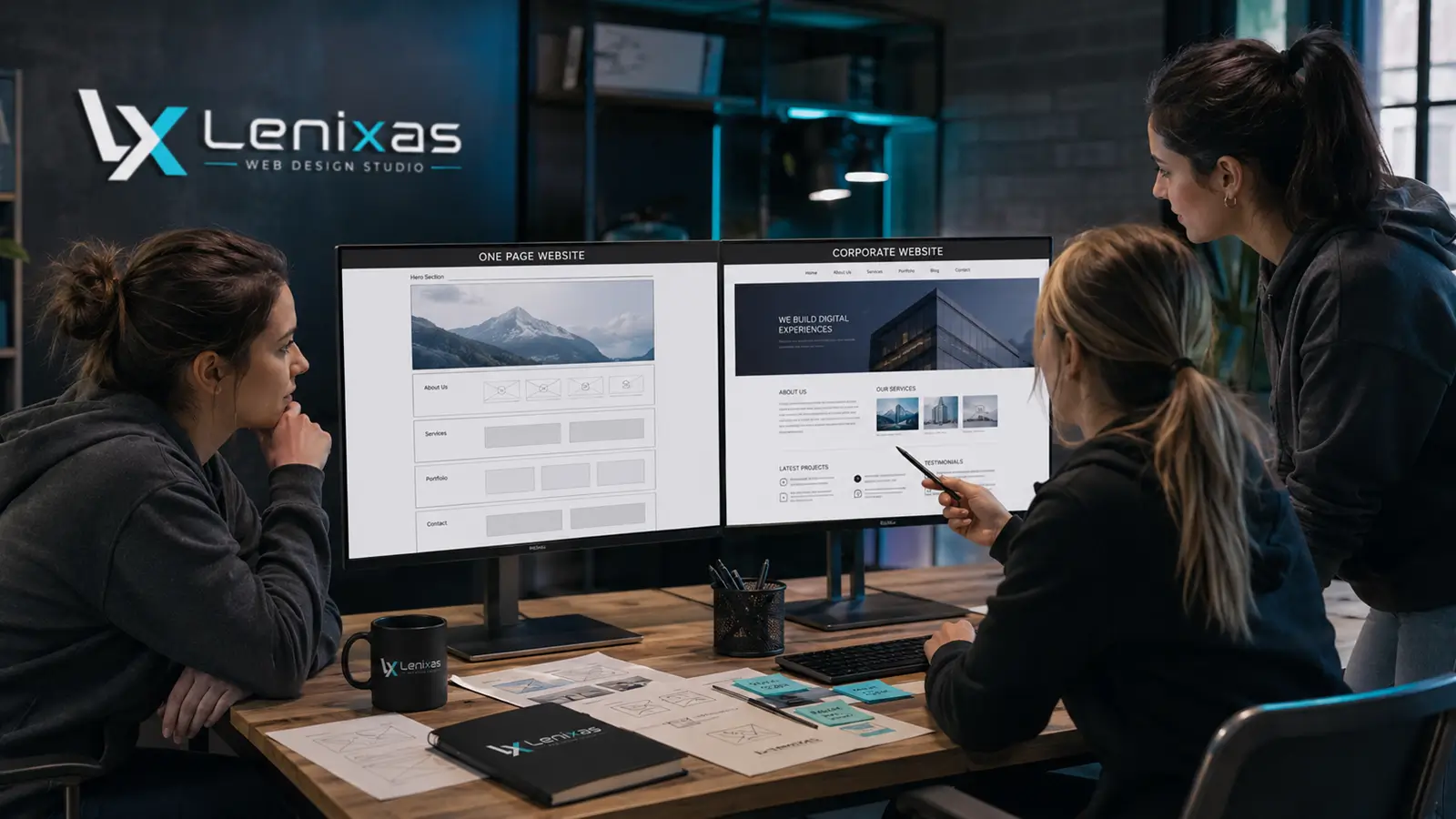 Web design team comparing a One Page website with a corporate website to choose the best option