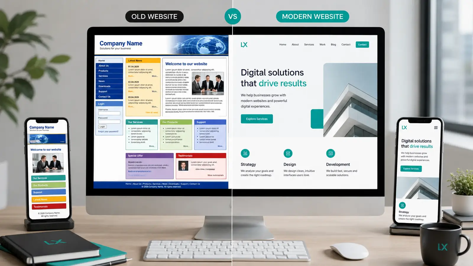 Comparison between an old website and a modern mobile-friendly website