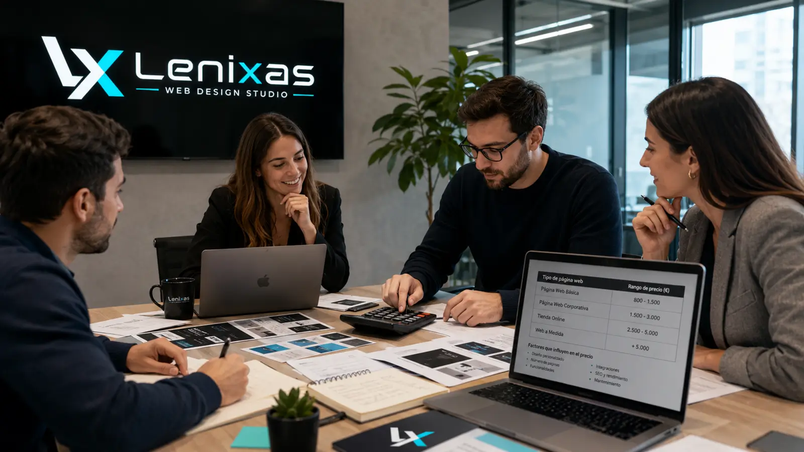 Team reviewing the quotation and costs of a professional website during a meeting