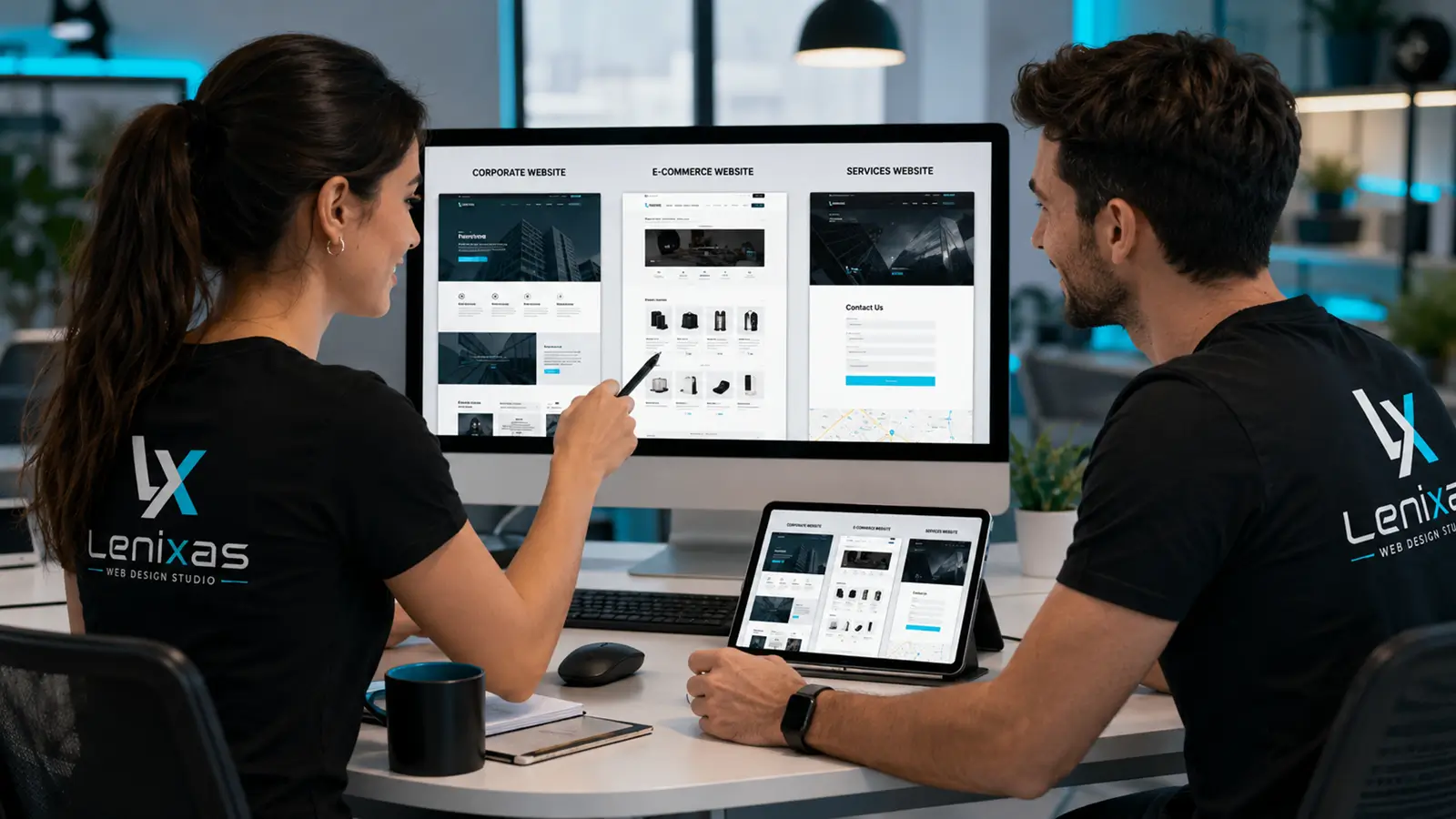 Professionals comparing a corporate website, an online shop and a service website to choose the best option for a business