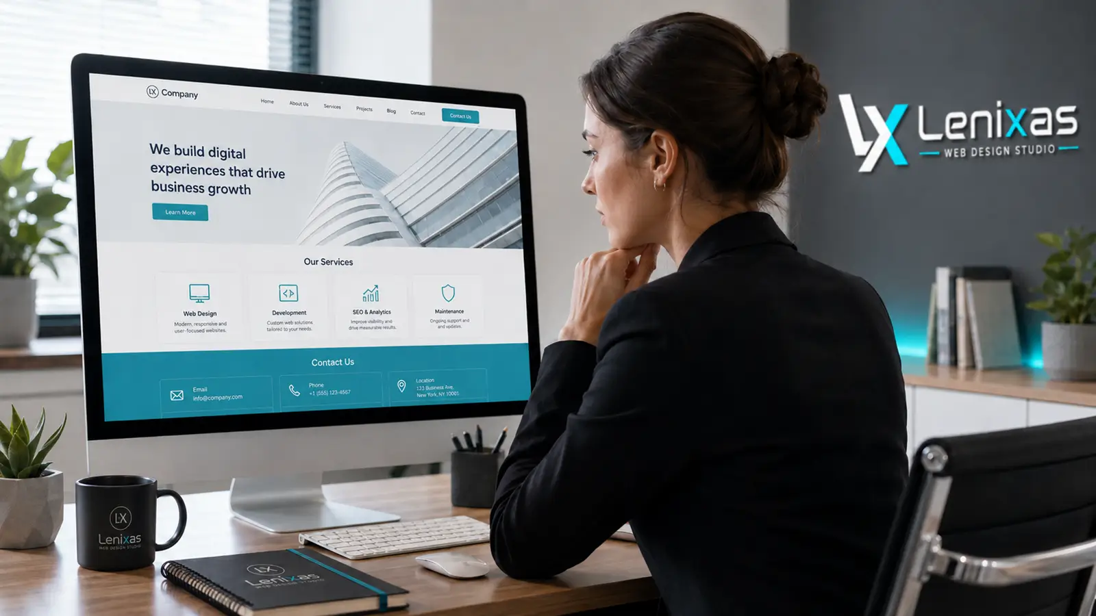 Professional reviewing the structure and services of a business website