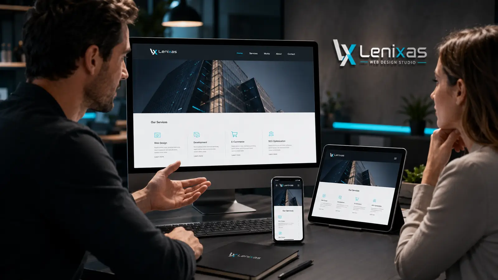 Web design company presenting a responsive website to a client on a computer, tablet and mobile phone