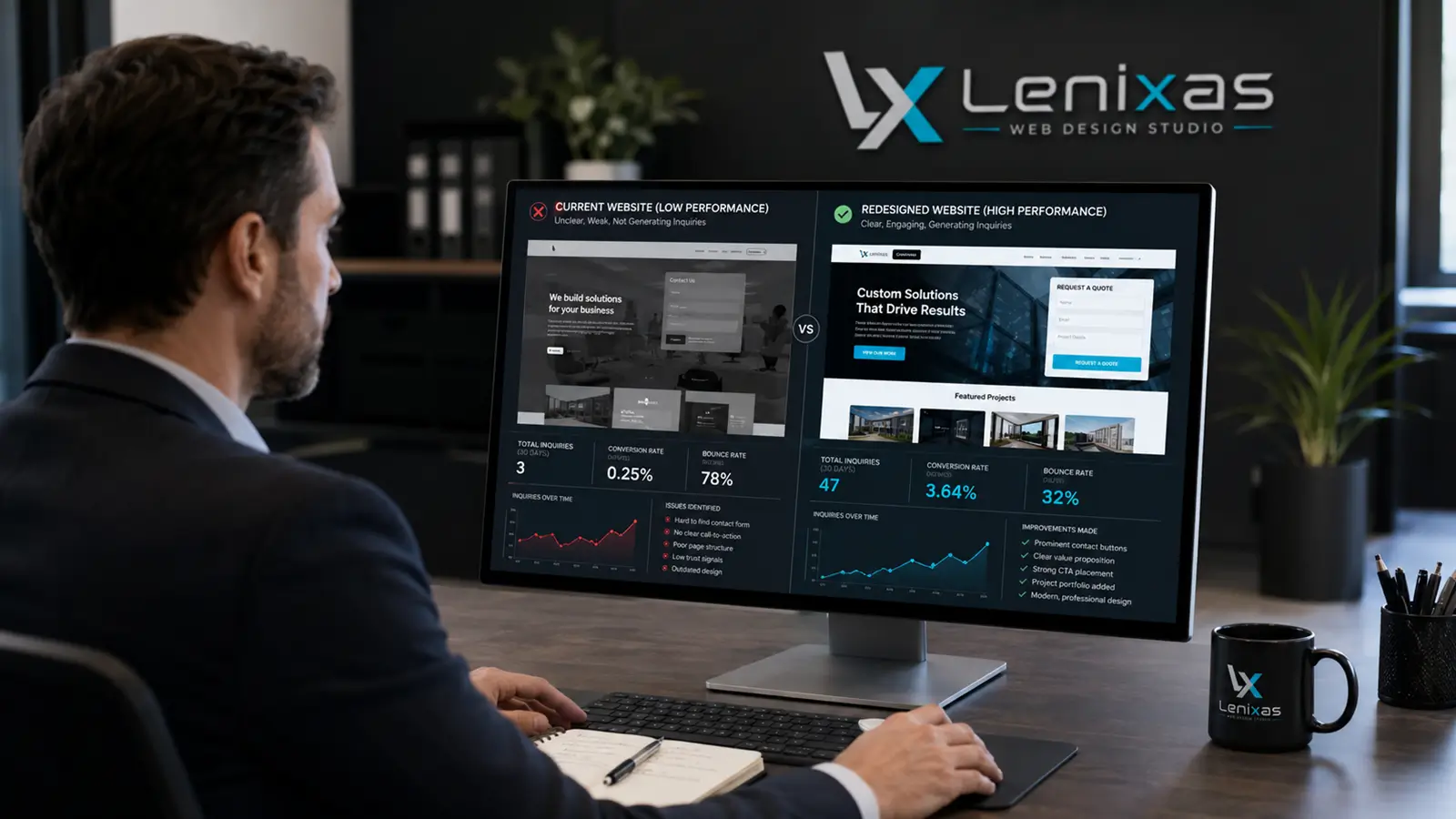 Comparison between a poorly performing website and a redesigned website created to generate more enquiries