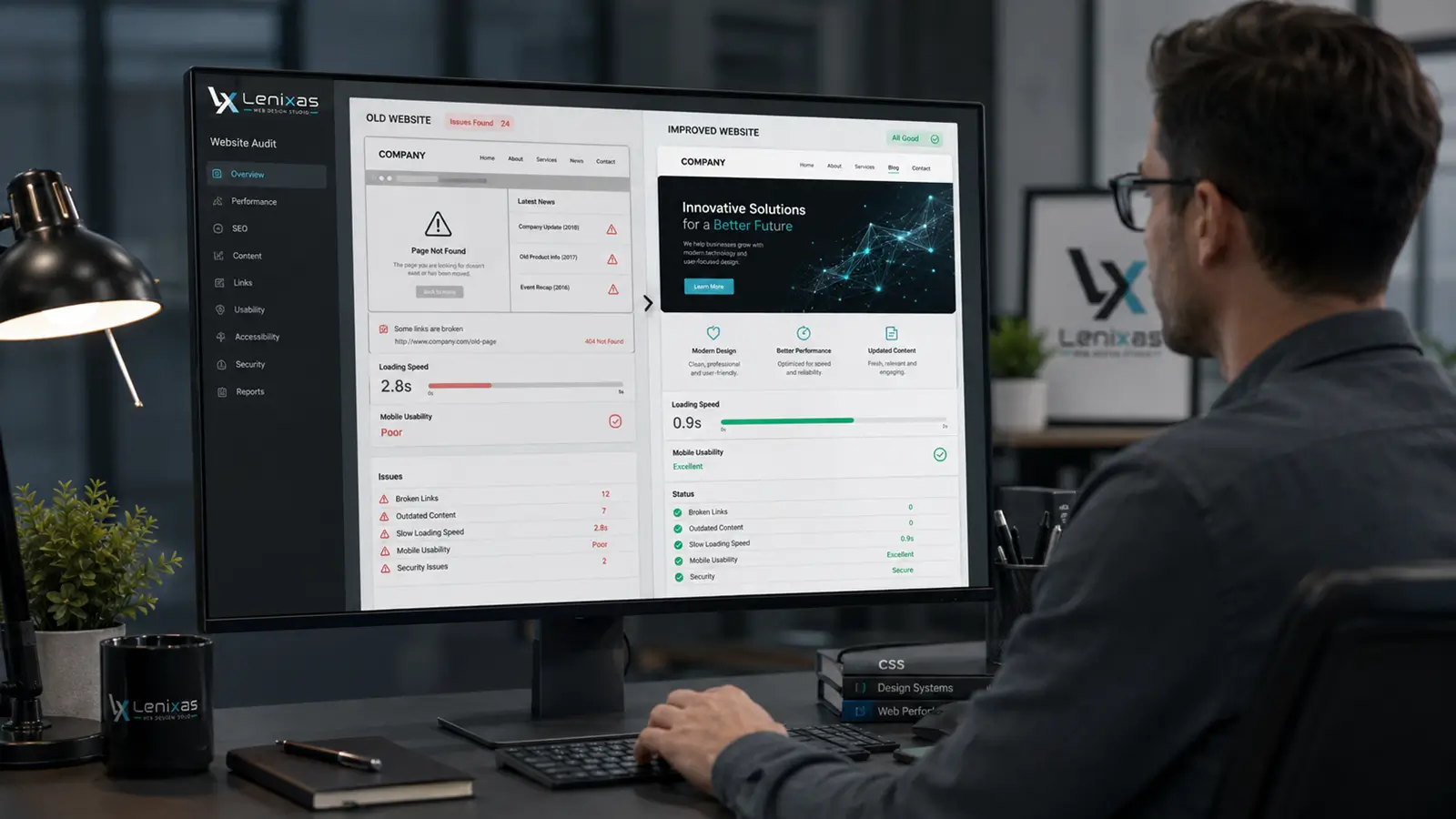 Professional reviewing an outdated website with broken links and speed issues before its redesign