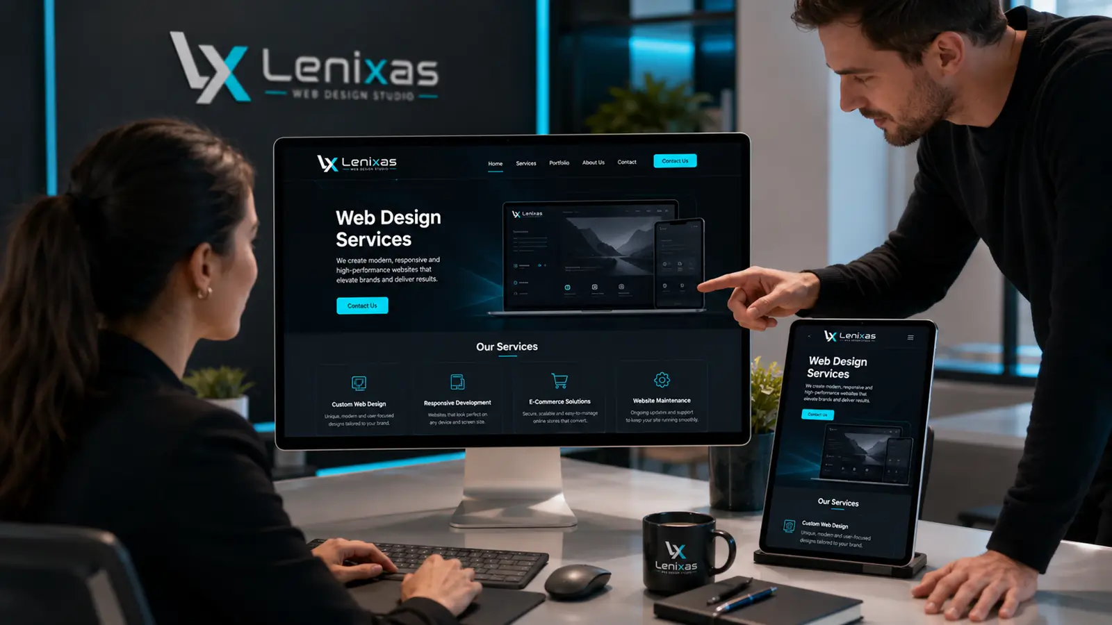 Web design team reviewing a professional responsive website on a computer and tablet