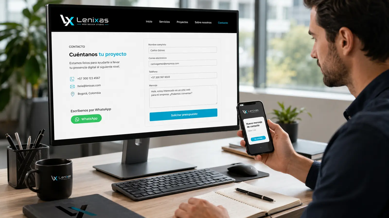 Professional reviewing a contact form and quotation request from a computer and mobile phone